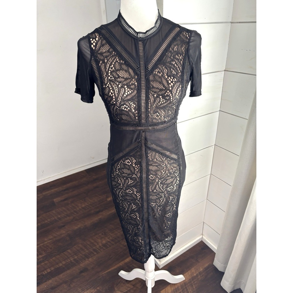 Bardot Dress Womens 4 XS Black Elsie Lace High Neck Sheath Sheer Cocktail Party